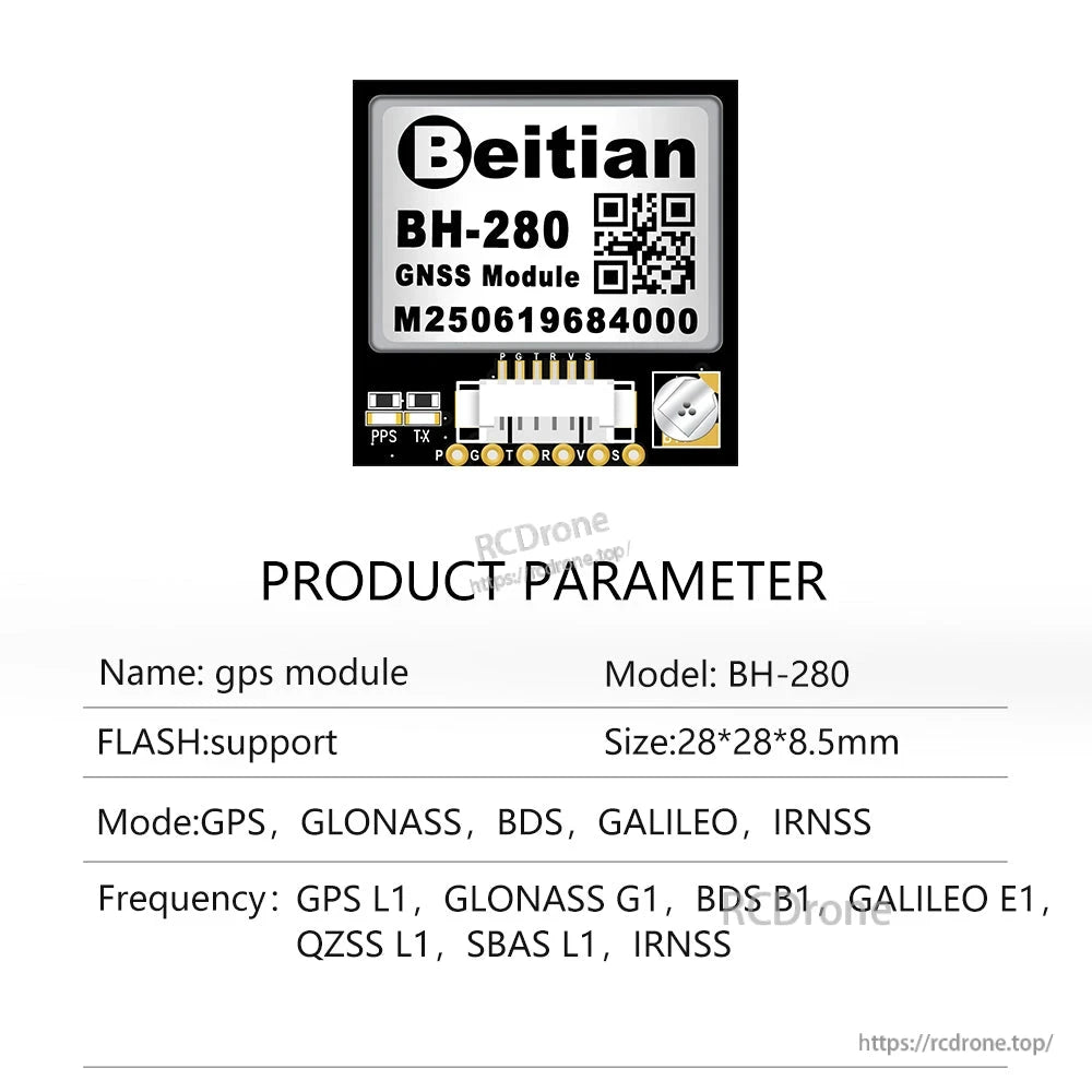 BH-280 GNSS module product parameter chart showing module image and listed dimensions