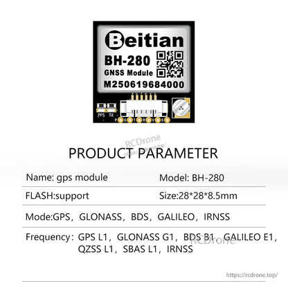 BH-280 GNSS module product parameter chart showing module image and listed dimensions