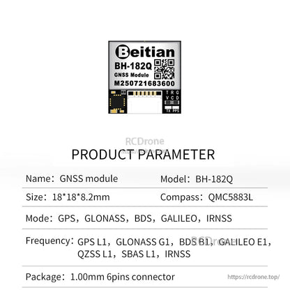 BH-182Q GNSS module product parameter chart listing compass QMC5883L and 1.00mm 6-pin connector package note