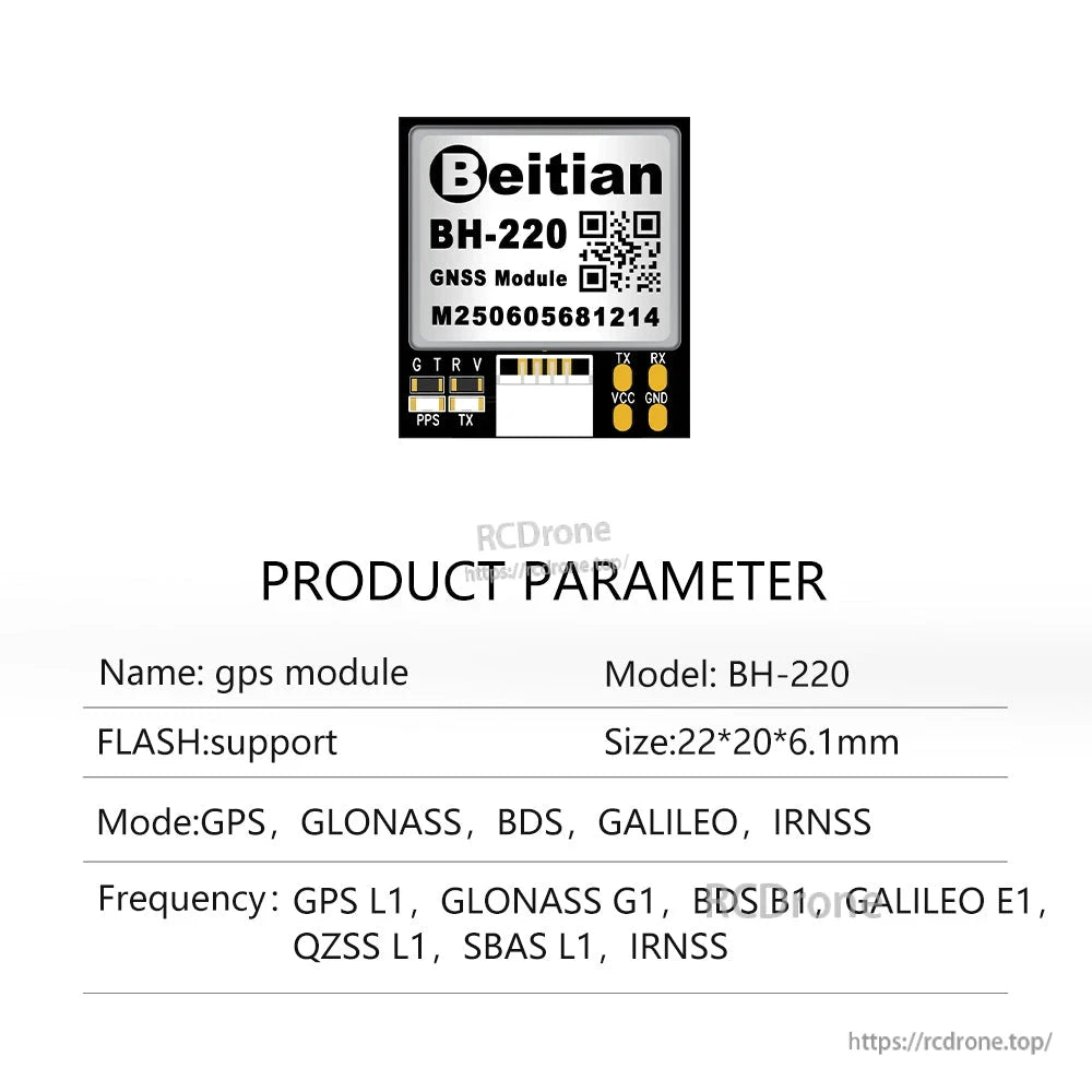 BH-220 GNSS module product parameter chart with module image and specification table