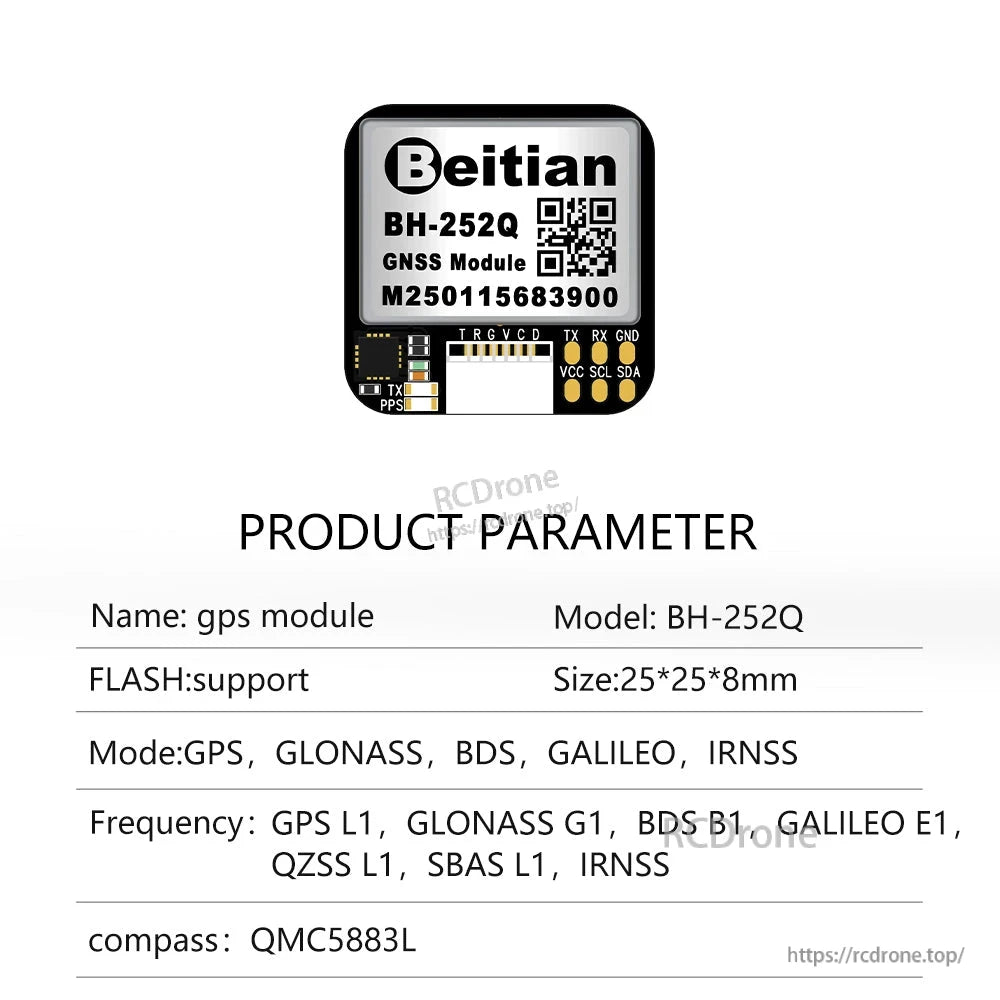 Beitian BH-252Q GNSS module board with labeled TX/RX, VCC/GND pads and QMC5883L compass, 25×25×8 mm