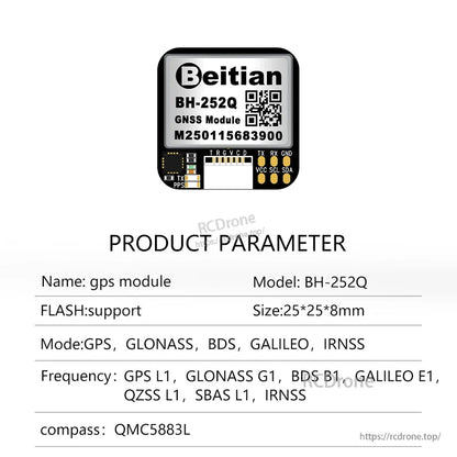 Beitian BH-252Q GNSS module board with labeled TX/RX, VCC/GND pads and QMC5883L compass, 25×25×8 mm
