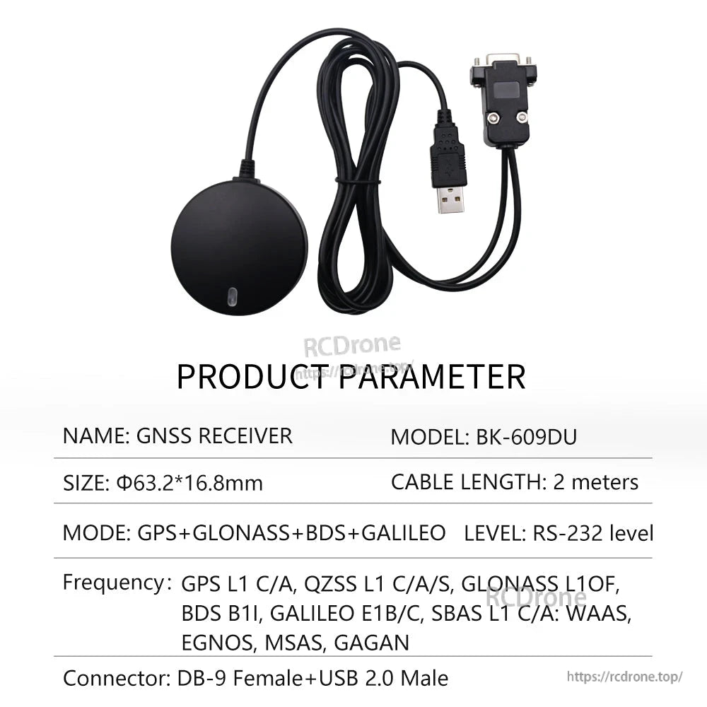 Beitian BK-609DU USB GNSS mouse receiver puck with 2 m cable, USB 2.0 plug and DB9 female connector