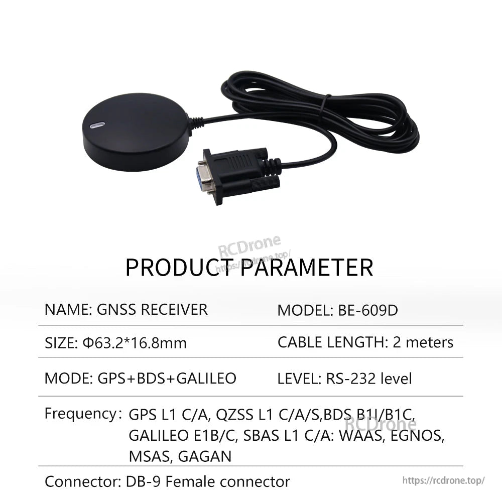Product parameter table for BE-609D GNSS receiver with DB-9 female connector and 2 m cable