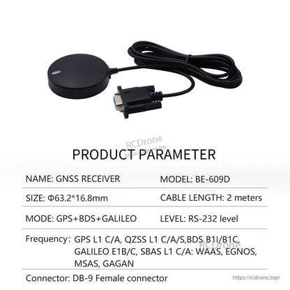 Product parameter table for BE-609D GNSS receiver with DB-9 female connector and 2 m cable