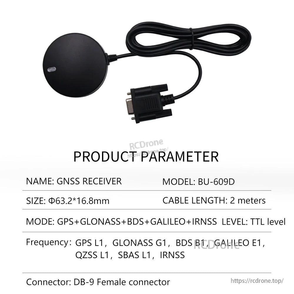 Product parameter table for BU-609D multi-GNSS receiver with DB-9 female connector and 2 m cable