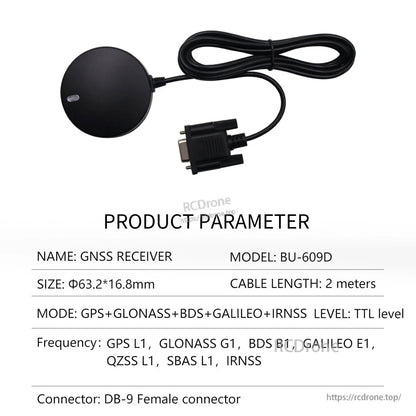Product parameter table for BU-609D multi-GNSS receiver with DB-9 female connector and 2 m cable