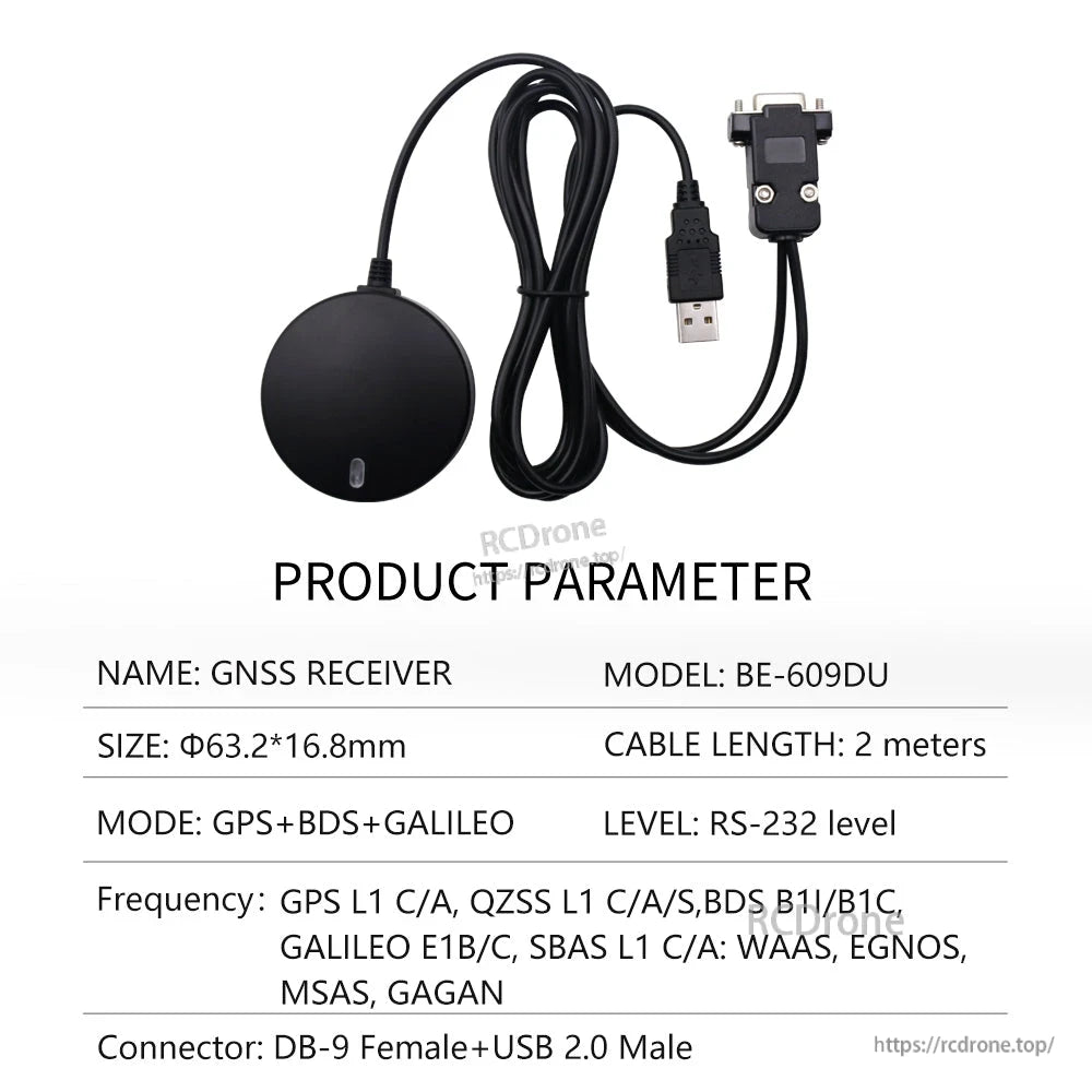 Product parameter table for BE-609DU GNSS receiver with DB-9 female plus USB 2.0 male cable