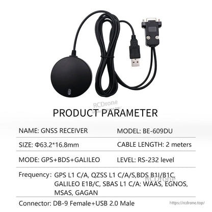 Product parameter table for BE-609DU GNSS receiver with DB-9 female plus USB 2.0 male cable