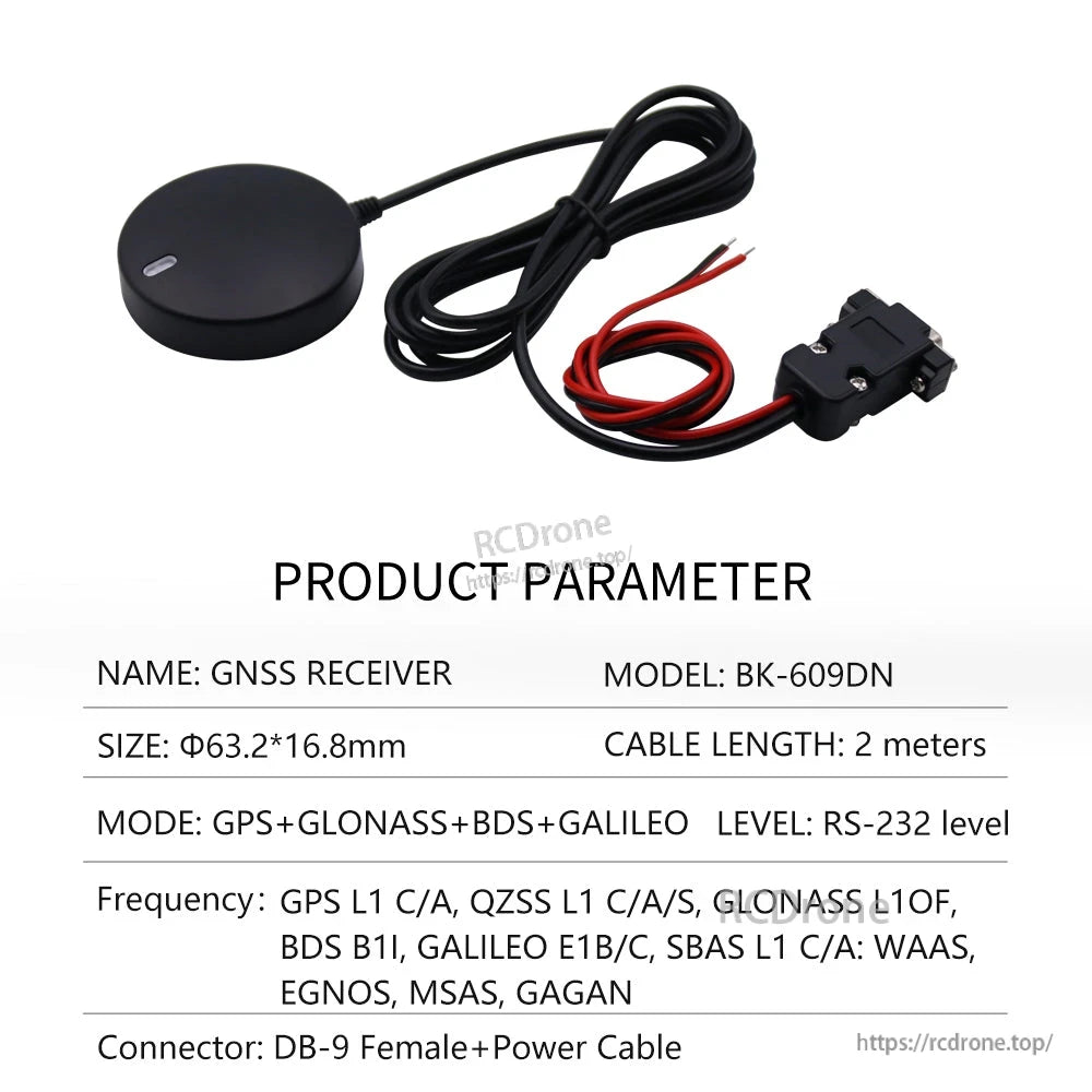 Beitian BK-609DN puck-style GNSS receiver with 2 m cable, DB-9 female connector and red/black power leads