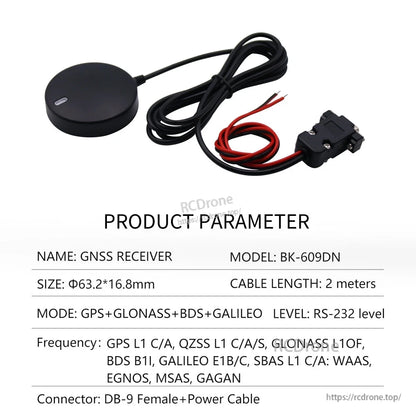 Beitian BK-609DN puck-style GNSS receiver with 2 m cable, DB-9 female connector and red/black power leads