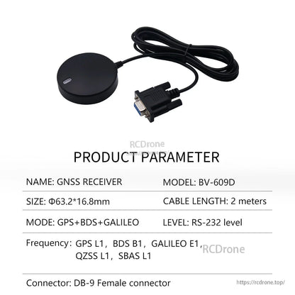 Product parameter table for BV-609D GNSS receiver with DB-9 female connector and 2 m cable