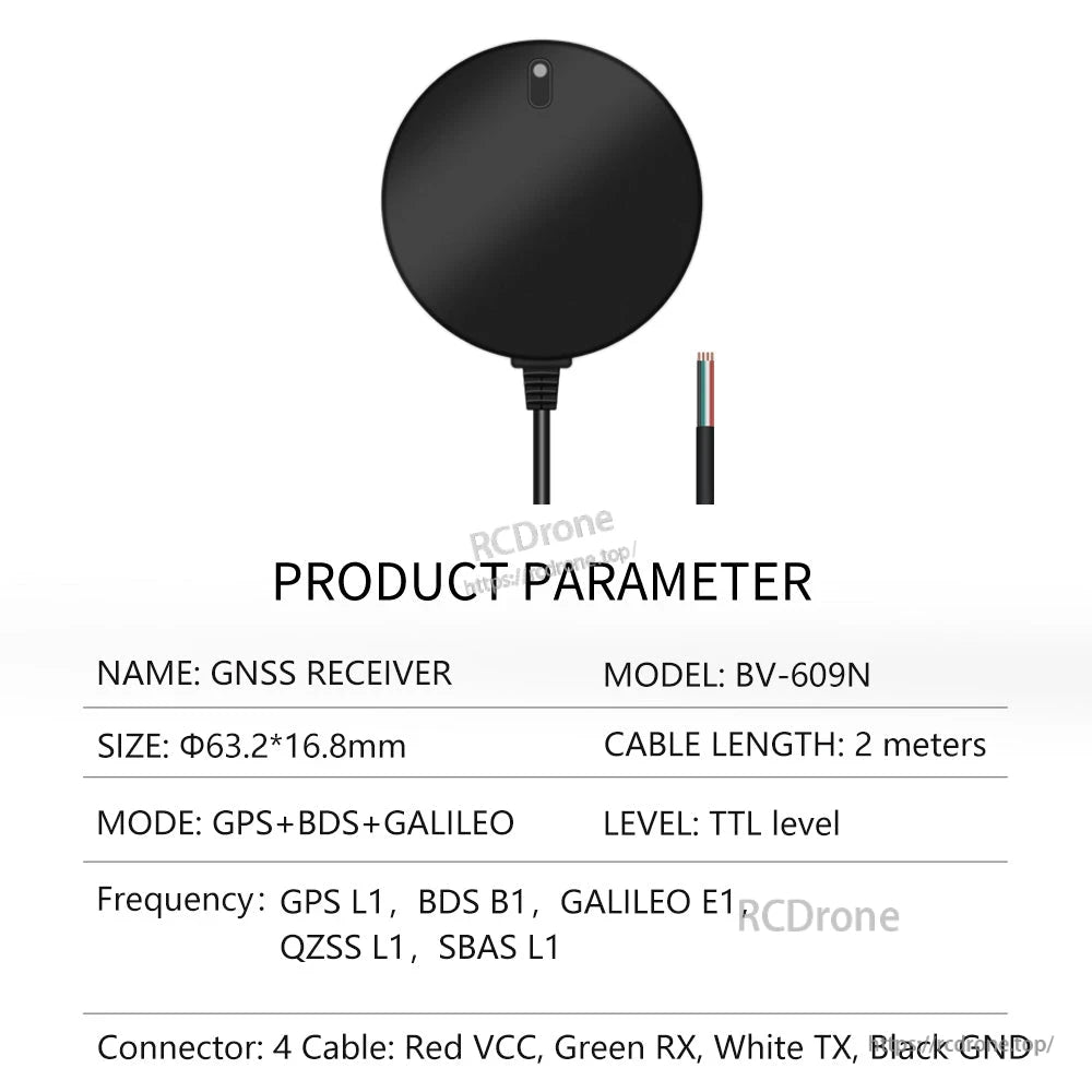 Product parameter table for BV-609N GNSS receiver, TTL level, 2 m cable, 4-wire connector diagram