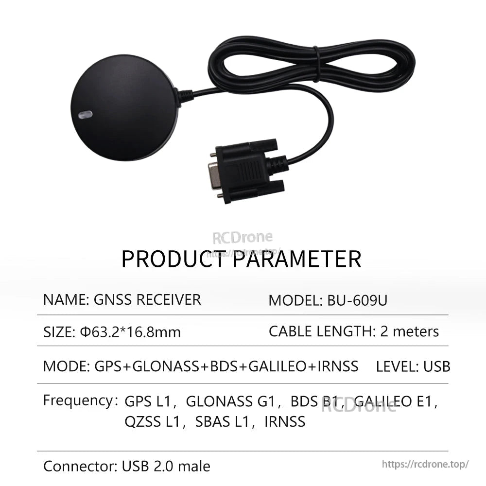 Product parameter table for BU-609U multi-GNSS receiver with USB 2.0 male connector and 2 m cable