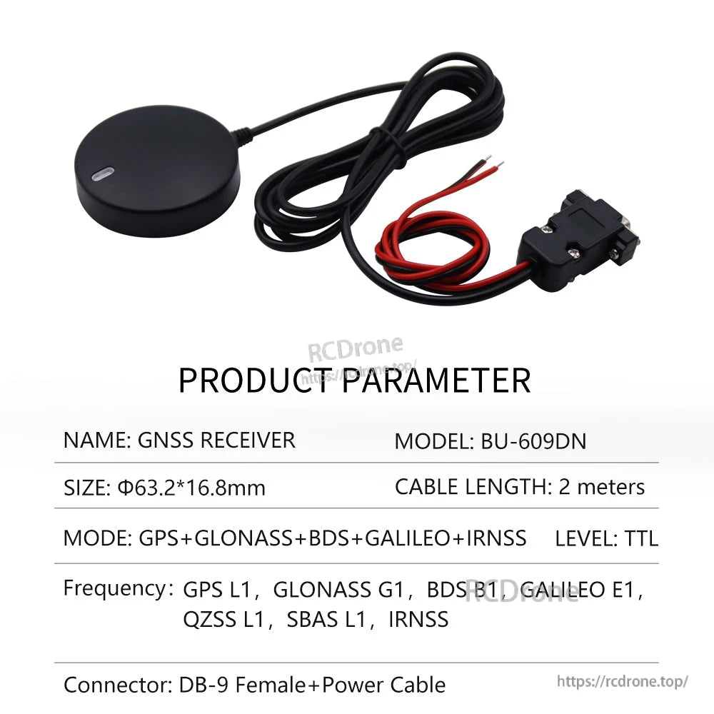 Product parameter table for BU-609DN multi-GNSS receiver with DB-9 female plus power cable leads