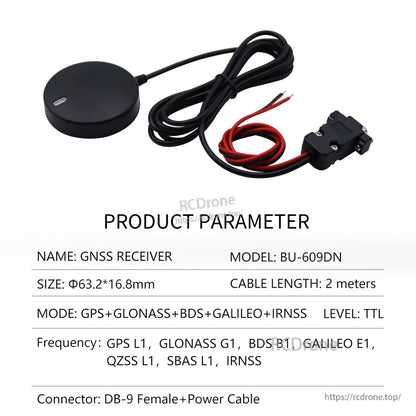 Product parameter table for BU-609DN multi-GNSS receiver with DB-9 female plus power cable leads