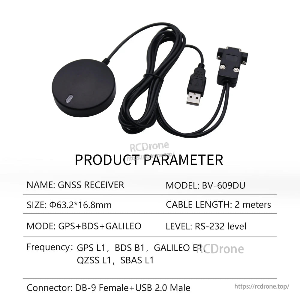 Product parameter table for BV-609DU GNSS receiver with DB-9 female and USB 2.0 male cables