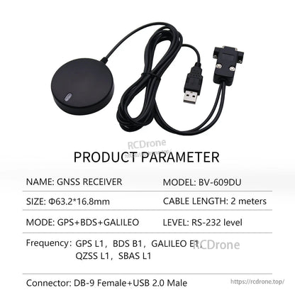 Product parameter table for BV-609DU GNSS receiver with DB-9 female and USB 2.0 male cables