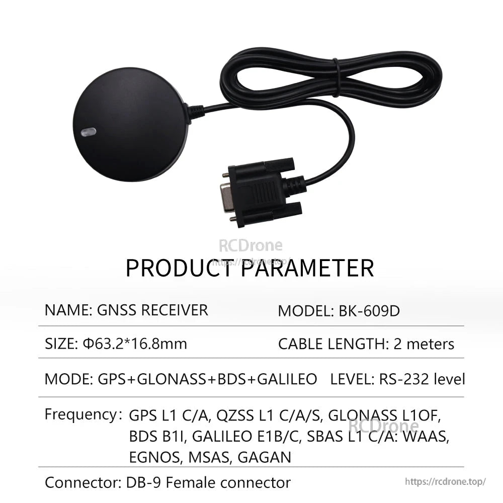 Beitian BK-609D GNSS receiver puck with 2 m cable and DB-9 female RS-232 connector for GPS/GLONASS/BeiDou/Galileo