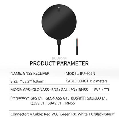 Product parameter table for BU-609N multi-GNSS receiver, TTL level, 4-wire connector lead shown