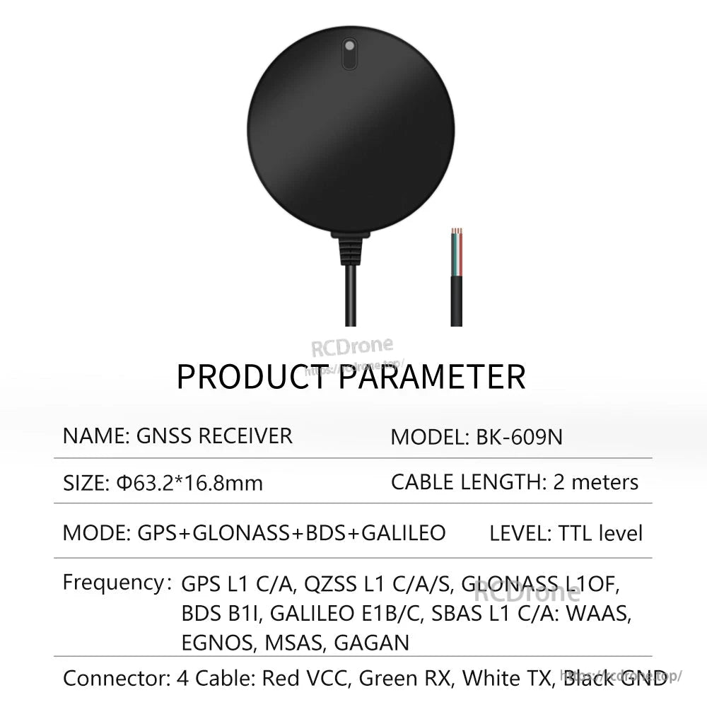 Beitian BK-609N GNSS receiver puck with 2m cable and 4-wire TTL lead (VCC, RX, TX, GND)