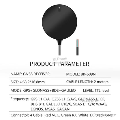 Beitian BK-609N GNSS receiver puck with 2m cable and 4-wire TTL lead (VCC, RX, TX, GND)