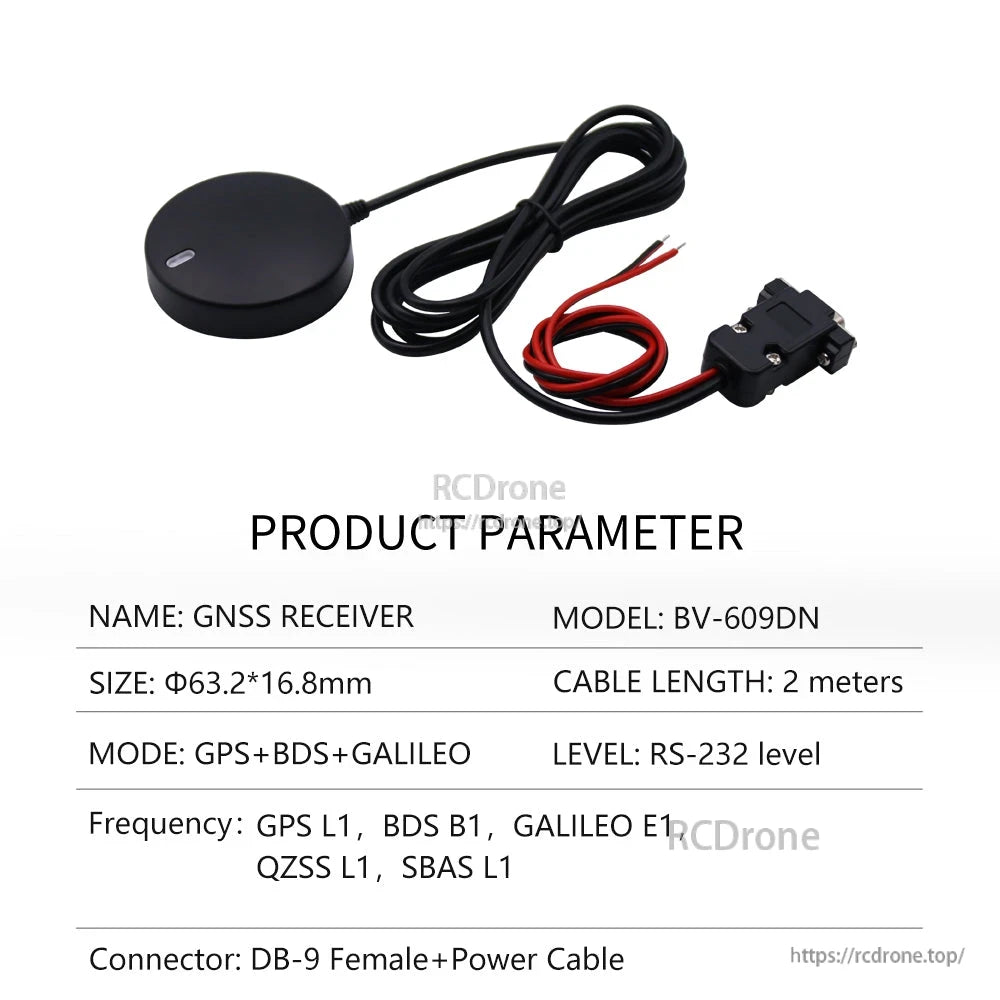 Product parameter table for BV-609DN GNSS receiver with DB-9 female plus power cable leads