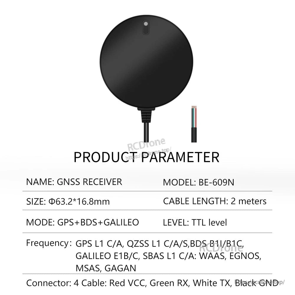 Product parameter table for BE-609N GNSS receiver, TTL level, 2 m cable, GPS+BDS+Galileo modes