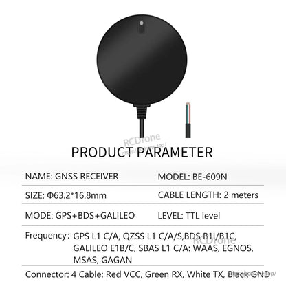 Product parameter table for BE-609N GNSS receiver, TTL level, 2 m cable, GPS+BDS+Galileo modes