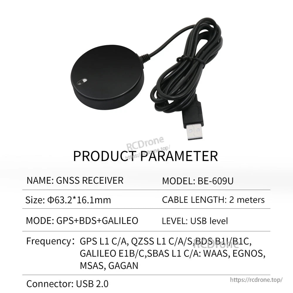Product parameter table for BE-609U USB GNSS receiver with USB connector and 2 m cable