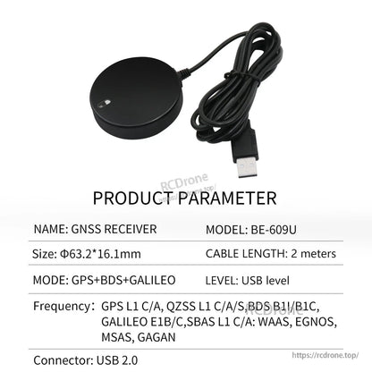 Product parameter table for BE-609U USB GNSS receiver with USB connector and 2 m cable