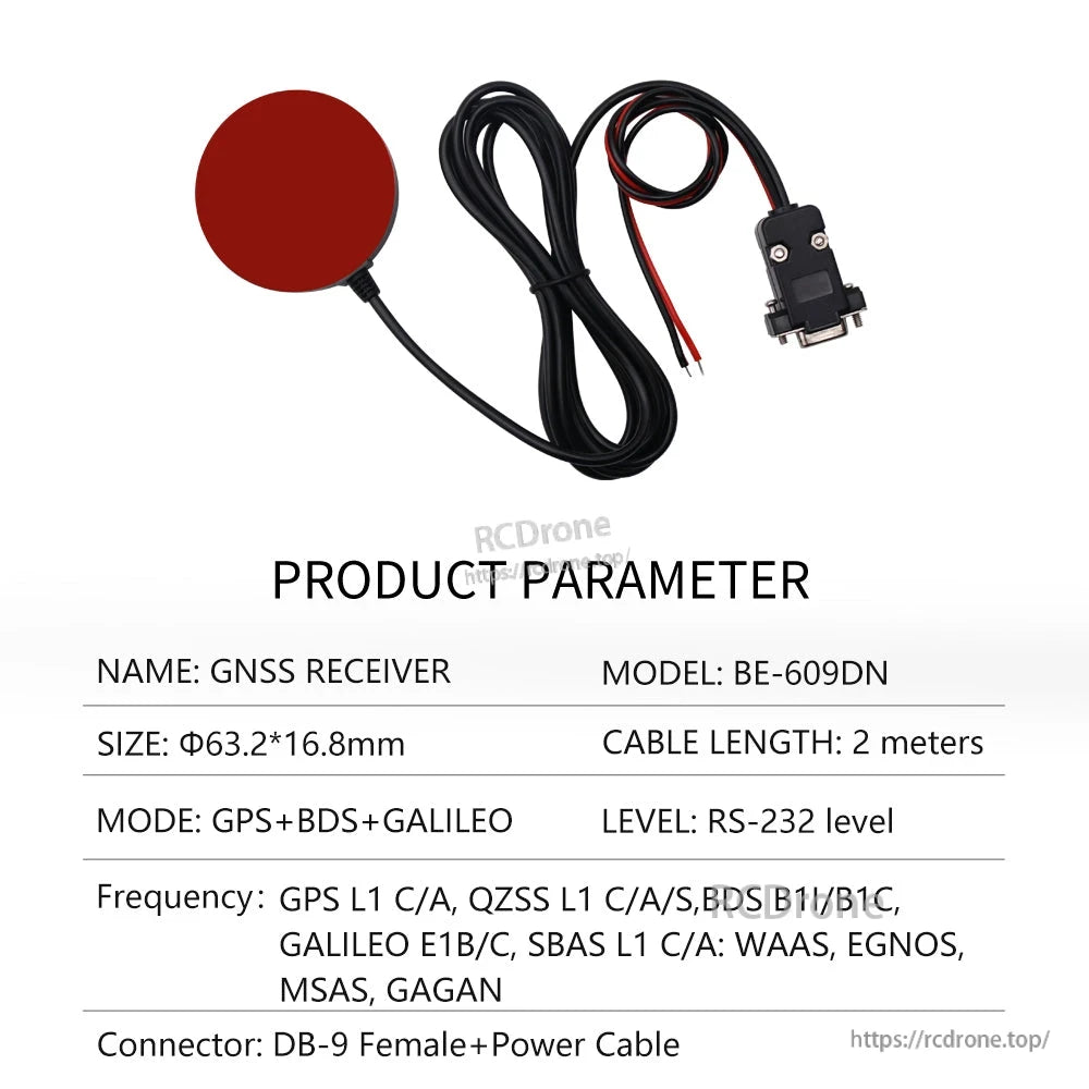 Product parameter table for BE-609DN GNSS receiver with DB-9 female and separate power cable leads
