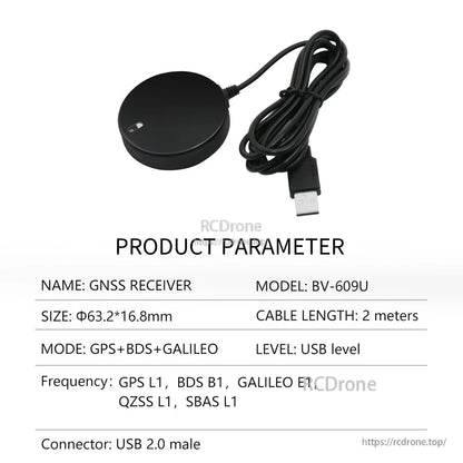 Product parameter table for BV-609U GNSS receiver with USB 2.0 male connector and 2 m cable