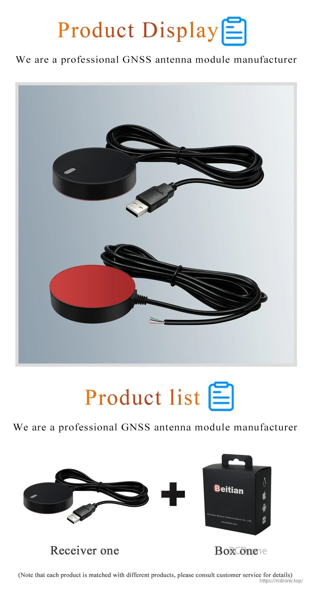 Beitian BK-609U USB GNSS mouse receiver product display with cable and retail box contents list