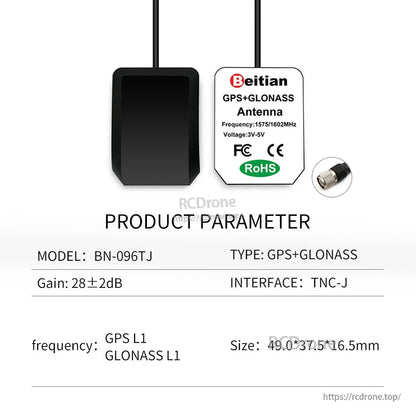Product parameter chart for model BN-096TJ GPS+GLONASS antenna with TNC-J connector