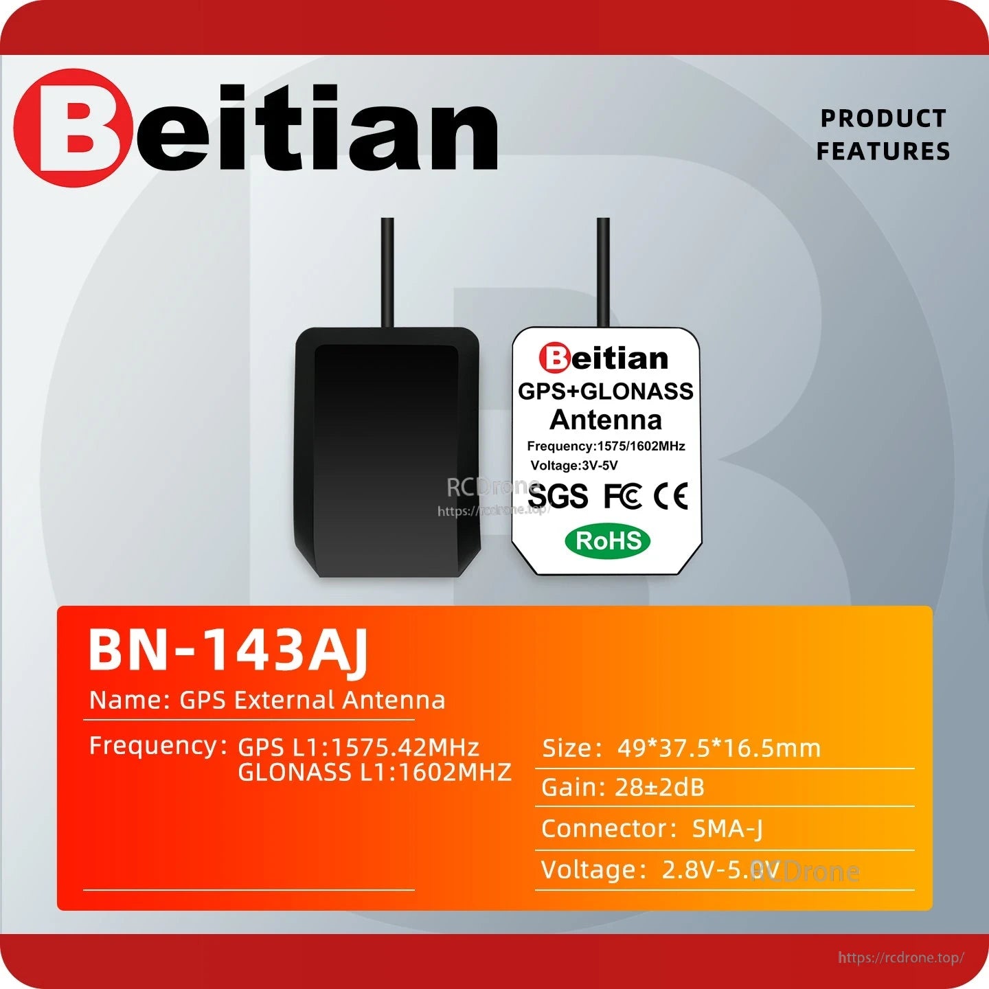 BN-143AJ product features card showing GPS L1 and GLONASS L1 frequencies, size and SMA-J interface