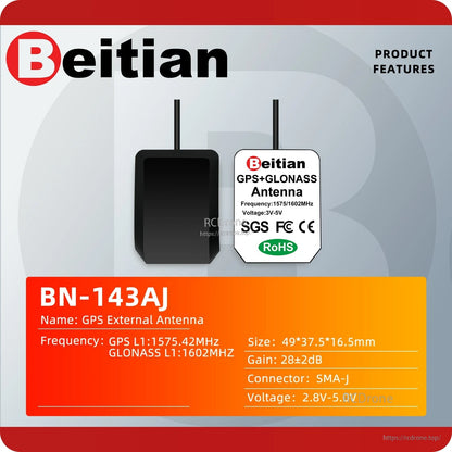 BN-143AJ product features card showing GPS L1 and GLONASS L1 frequencies, size and SMA-J interface