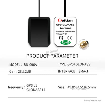 Product parameter chart for model BN-096AJ GPS+GLONASS antenna with SMA-J connector