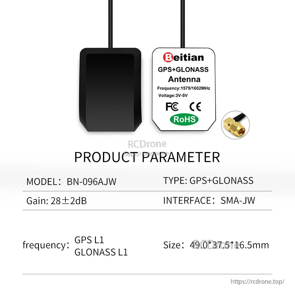 Product parameter chart for model BN-096AJW GPS+GLONASS antenna with SMA-JW connector