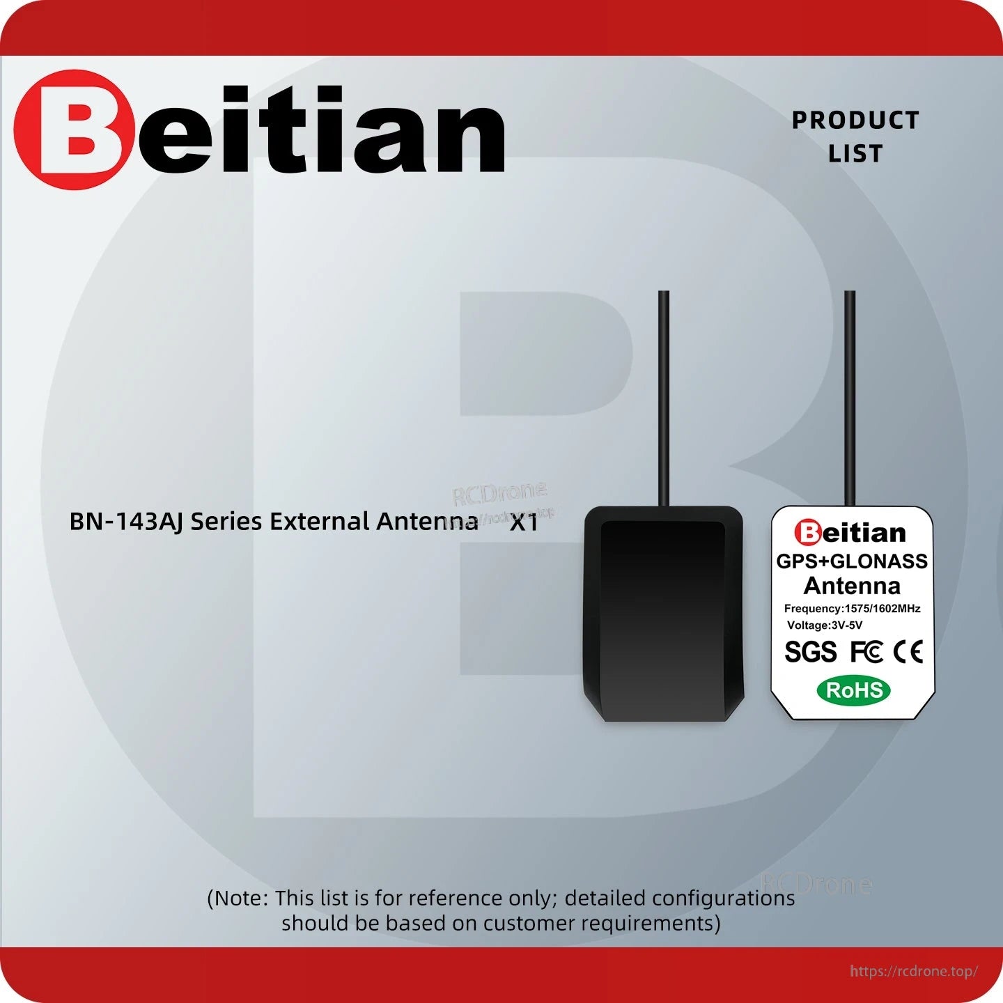 Package contents graphic: BN-143AJ series external antenna x1 with label view