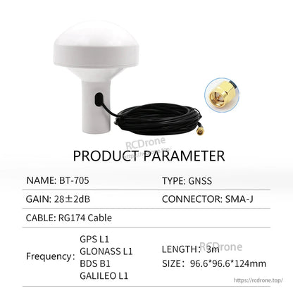 BT-705 GNSS antenna parameter chart with RG174 cable, SMA-J connector and multi-system frequency list