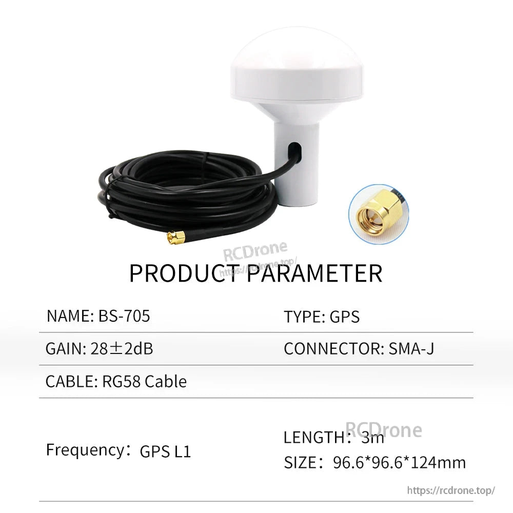 BS-705 GPS antenna product parameter chart, RG58 cable, SMA-J connector, 3m length, size listed