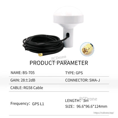 BS-705 GPS antenna product parameter chart, RG58 cable, SMA-J connector, 3m length, size listed