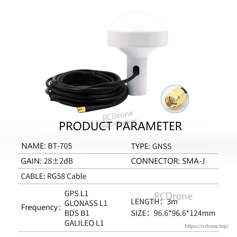 BT-705 GNSS antenna product parameter chart with multi-system frequencies, RG58 cable and SMA-J