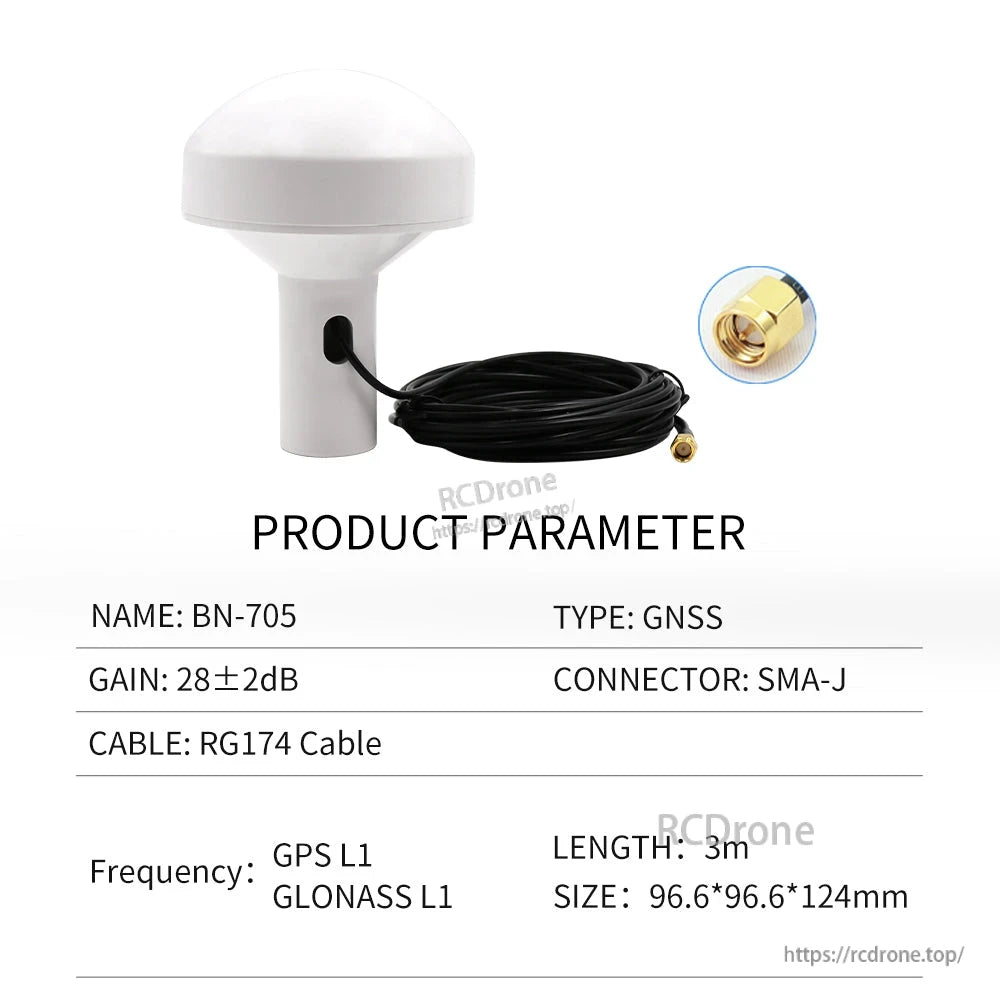 BN-705 GNSS antenna parameter chart with RG174 cable, SMA-J connector, 3m length and size shown