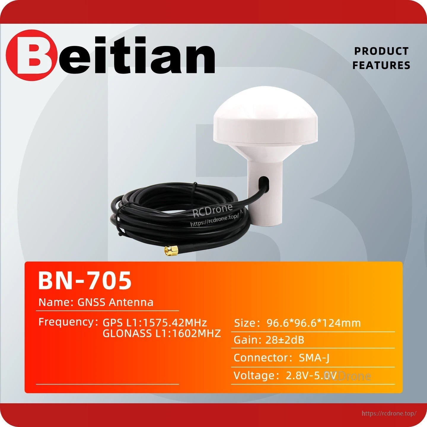 Beitian BN-705 GNSS antenna product features card with GPS L1/GLONASS L1, SMA-J and size details