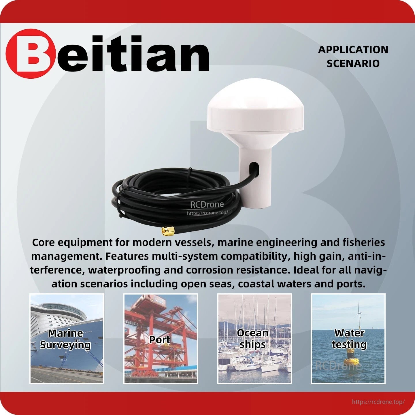 Marine navigation antenna application scenario graphic for surveying, port, ocean ships and water testing