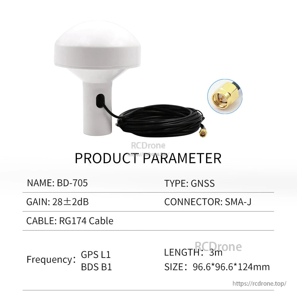 BD-705 GNSS antenna parameter chart with RG174 cable, SMA-J connector, 3m length and size shown