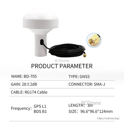 BD-705 GNSS antenna parameter chart with RG174 cable, SMA-J connector, 3m length and size shown