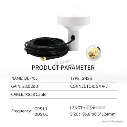 BD-705 GNSS antenna product parameter chart, RG58 cable, SMA-J connector, 3m length and size